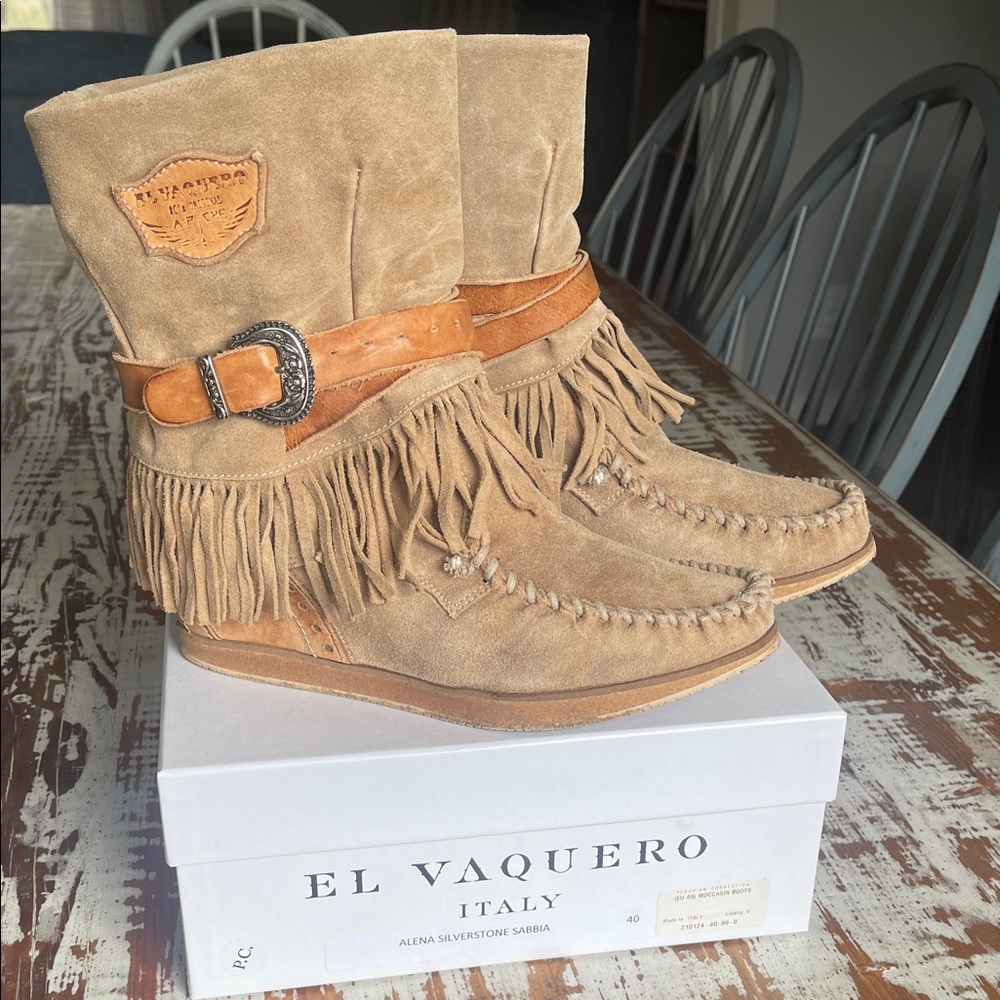 El Vaquero Fringed Suede Wedge Moccasin Boots EU 40